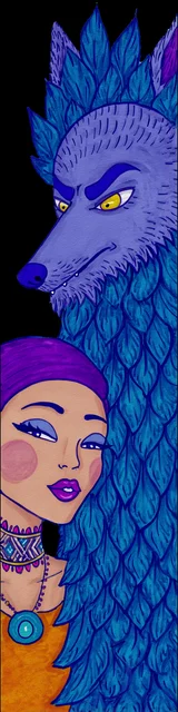 Free dark romance bookmark featuring a tall blue-haired werewolf couple